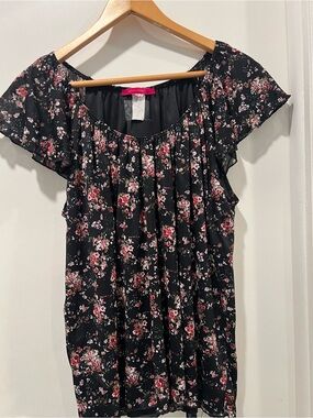 julie's closet Black Scoop Neck Top with Pink Floral Print